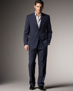 Versace Collection Peaked Lapel, Two Button Navy Blue Suit