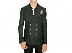 Balmain Pinstriped Twill Wool Badge Jacket