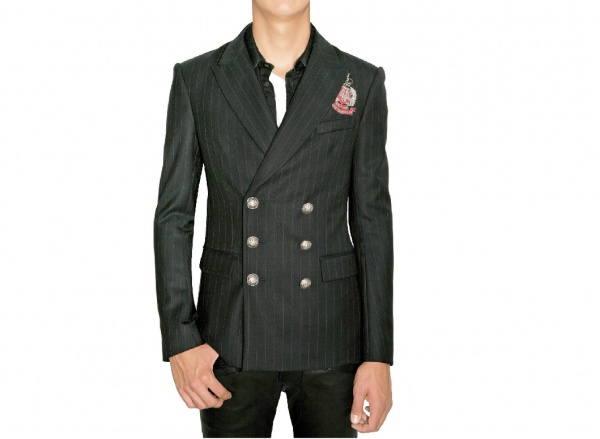 Balmain Pinstriped Twill Wool Badge Jacket