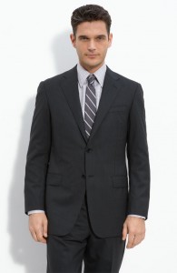 Hickey Freeman Black Pinstripe Worsted Wool Suit